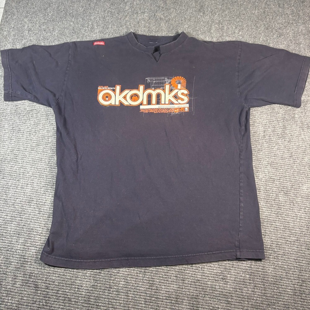 Vtg Akademiks Graphic T-Shirt Mens XL Black Good Split Neck Y2K Streetwear